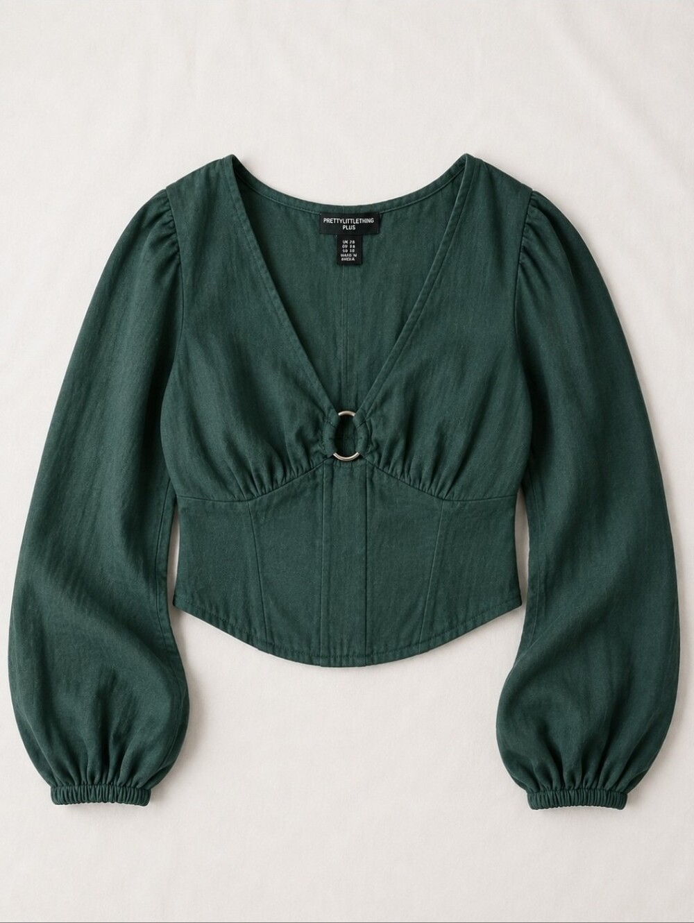 PrettyLittleThing Plus Bardot Top Womens Size 22 Dark Green Puff Sleeve Ring NWT